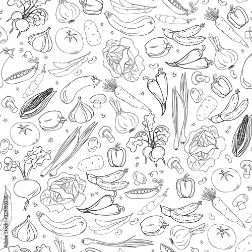 Vegetables seamless pattern. Summer background with different vegetables, healthy food, vegetarian. Tomatoes, cucumbers, beets, peppers, cabbage, corn, onions, radishes, zucchini. Sketch style, contou