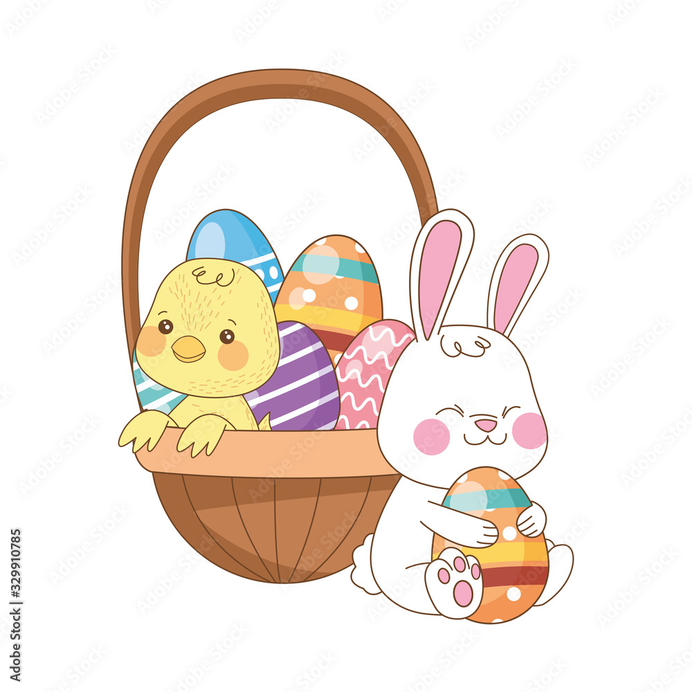 little rabbit and chick with eggs painted in basket little rabbit and chick with eggs painted in basket