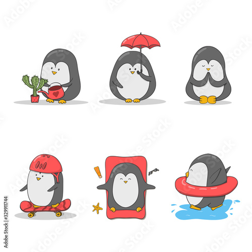 Set with cute cartoon penguins in summer holiday.