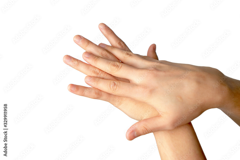 Gesture of woman hands washing her hands isolated on white Gesture of woman hands washing her hands isolated on white