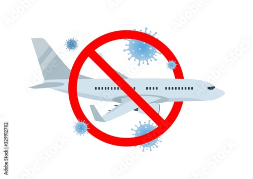 Vector illustration of forbidden sign, airplane and coronavirus 2019-ncov icon isolated on white background. Flight cancelled icon, Pandemic Novel coronavirus disease. Impact of Coronavirus COVID-19.