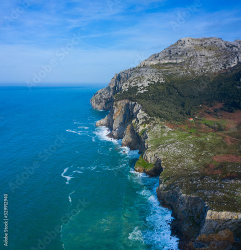 Aerial view of the coastal landscape in the Liendo Valley, Liendo, Cantabrian Sea, Cantabria, Spain, Europe