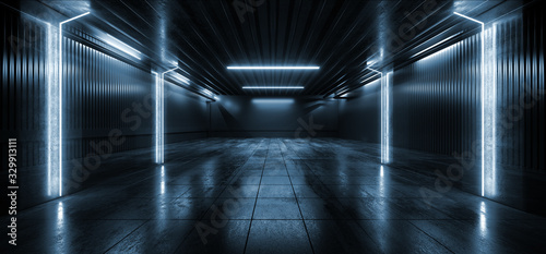 Fototapeta Naklejka Na Ścianę i Meble -  Sci Fi futuristic Neon Blue Concrete Garage Underground Cyber Virtual Lines Pillars Pantone Classic Spaceship Showroom 3D Rendering