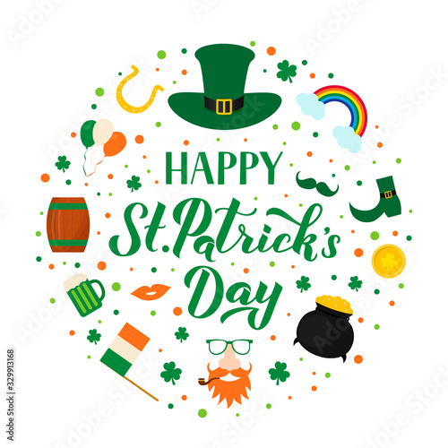 Happy St. Patrick s day lettering with traditional Irish symbols green hat, leaf of shamrock, Leprechaun, pot of treasure, gold coins, horseshoe, mug of beer. Vector illustration.