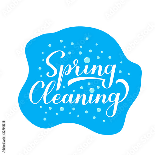 Spring cleaning calligraphy hand lettering with soap bubbles. Easy to edit vector template for logo design, typography poster, banner, flyer, etc.
