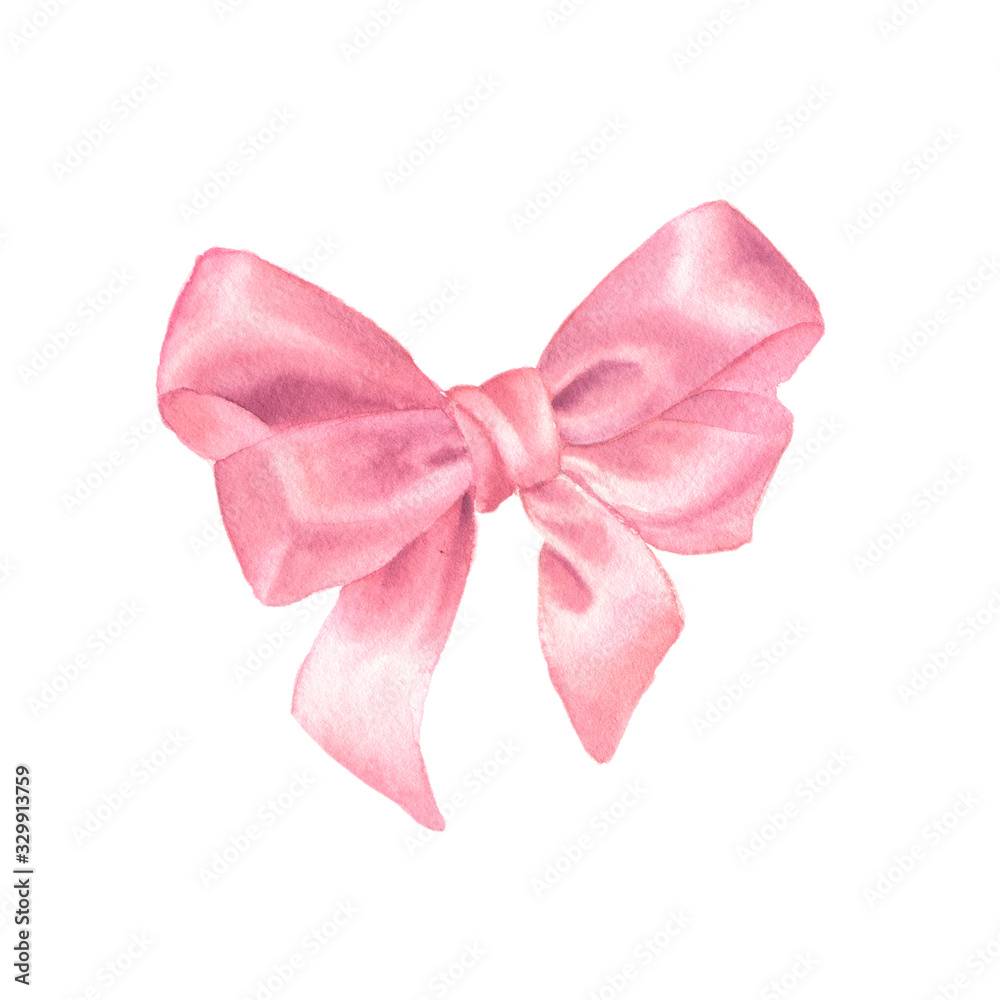 Watercolor pink satin gift bow. Hand painted illustration isolated on a white background
