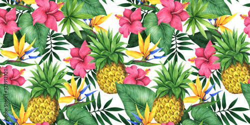 Seamless floral pattern with pineapples, tropical flowers and leaves.