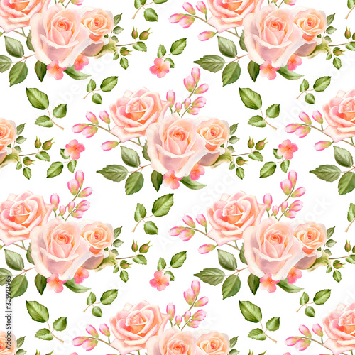 Watercolor floral seamless pattern with rose flowers and green leaves isolated on white background. Hand painted print for textile design and decoration. © Nataliya Kunitsyna