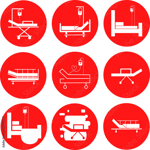 Hospital bed icons set. Intensive care unit icon. Resuscitation, rehabilitation, hospital ward. Medicine concept. Vector illustration can be used for topics like healthcare, hospital, medical care.