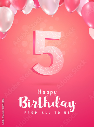 Celebrating of 5 years birthday vector 3d illustration on soft background. Five years anniversary celebration and open gift box with balloons poster template