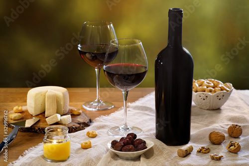 still life with wine and cheese