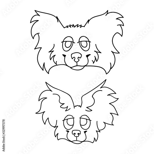 Cute cartoon papillon dog and puppy face monochrome lineart vector clipart. Pedigree kennel puppy breed dog lovers. Purebred domestic puppy for pet parlor illustration. Isolated canine fluffy. EPS 10
