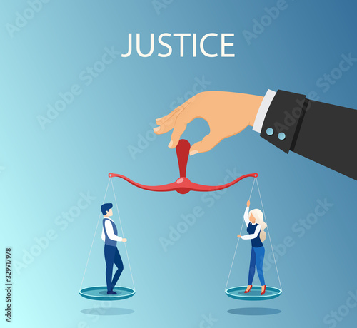 Vector judge hand holding balanced scales with a man and woman