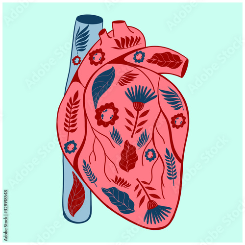 Illustration of human heart with beautiful flowers growing out of it. Vector flat illustration. Hand drawn