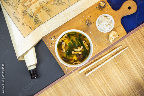 Miso soup with shiitake mushrooms and tofu cheese