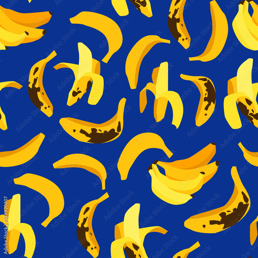 Vector seamless pattern with yellow bananas on blue background. Cartoon style. Organic food, tropical fruits. For children wallpaper design, kitchen textile, notebook cover, web banners, poster. Vector seamless pattern with yellow bananas on blue background. Cartoon style. Organic food, tropical fruits. For children wallpaper design, kitchen textile, notebook cover, web banners, poster.