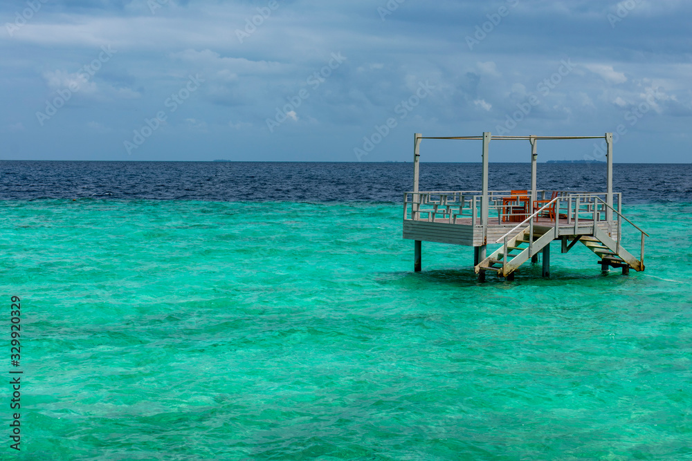 North Malé Atoll, Maldives - December 29 2019 - Diving station in the turquoise sea North Malé Atoll, Maldives - December 29 2019 - Diving station in the turquoise sea