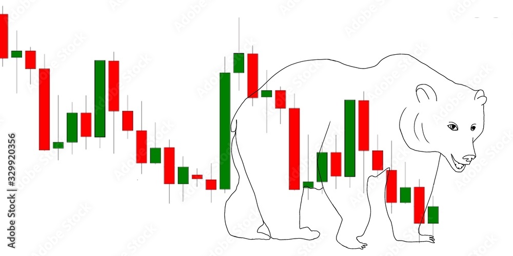 Bear stock market banner, stock market illustration. Candlestick chart.