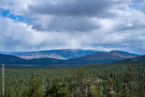 Dark clouds and a storm over Dog Valley filled with dense Jeffrey Pine tree (Pinus jeffreyi) forests in the Sierra Nevada Range, Sierra County, California.