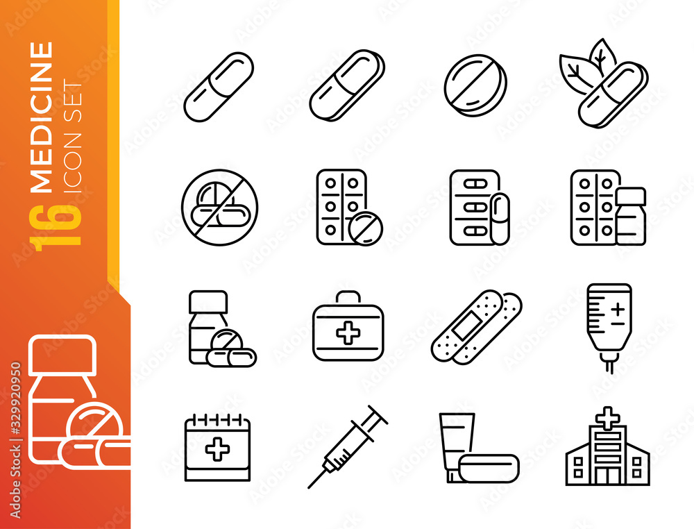 Medical drugs vector line icons. Pill, lozenge, syringe for injection ...