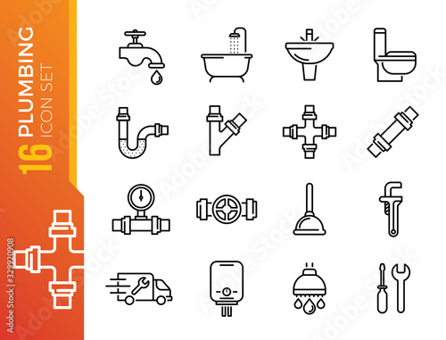 Plumbing and Sanitary Equipment Line Icons contains Toilet, Sink, Bathtub, Pipe, Water Meter and more. Editable Stroke.