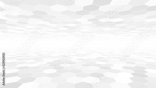Abstract White Background. Random Perspective Hexagon Tiles. Technology Vector Illustration. Gray Modern Wallpaper Texture. Cover or Presentation Template. Copy Space. Calm and Purity Graphic Art