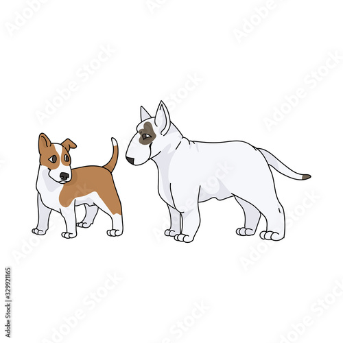 Cute cartoon bull terrier dog and puppy vector clipart. Pedigree kennel show dog for dog lovers. Purebred domestic pooch for pet parlor illustration. Isolated canine puppy with snout. EPS 10. 