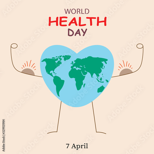 Vector illustration promoting World Health Day.Heart and earth icon in the shape of a healthy man with biceps.Element graphics and text for banner and poster.Abstract health concept.