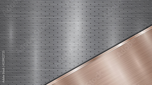 Background of silver perforated metallic surface with holes and angled bronze polished plate with a metal texture, glares and shiny edges