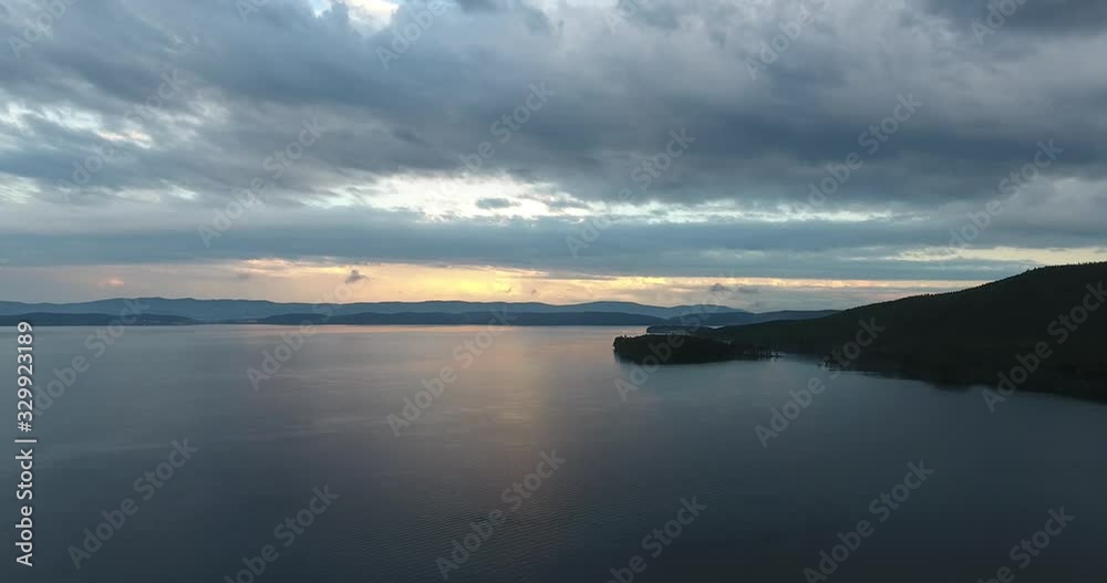 Beautiful mountain lake Turgoyak at sunset aerial Beautiful mountain lake Turgoyak at sunset aerial