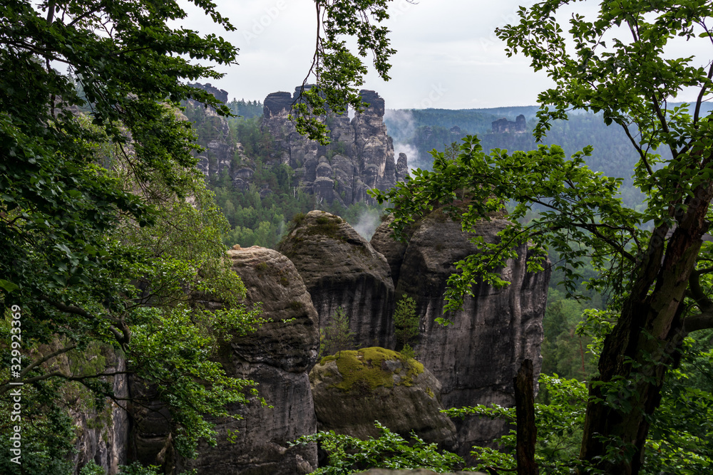 Lots of rocks in Saxon Switzerland near Dresden with fog