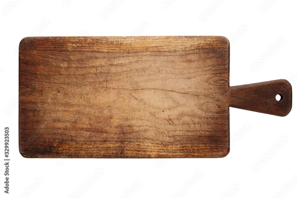 Cutting board. Old, vintage, wooden, chopping board isolated on white background. - obrazy, fototapety, plakaty 