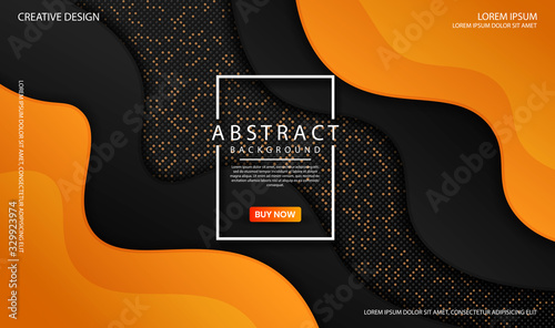 Abstract modern graphic element. Dynamical colored forms and waves with dots glitters decoration. Futuristic design for banner, flyer, ect. Colorful geometric background with black and orange color