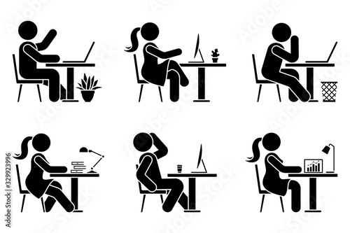 Sitting at desk office stick figure business man and woman side view poses pictogram vector icon set. Male and female silhouette seated at work, with computer, laptop, table sign on white background