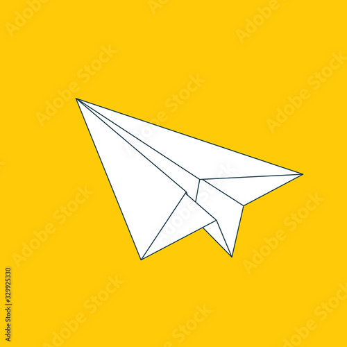 Paper plane flat linear icon isolated on yellow background. Contour symbol of a papercraft origami airplane. Vector line eps8 illustration.