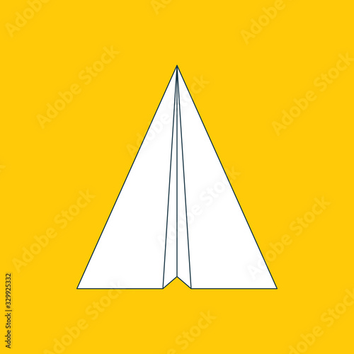 Paper plane flat linear icon isolated on yellow background. Contour symbol of a papercraft origami airplane. Vector line eps8 illustration.