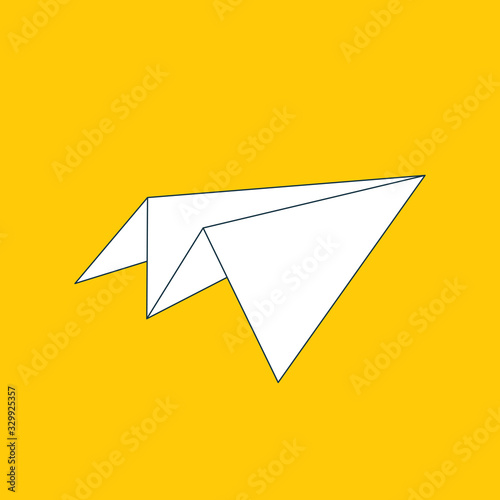 Paper plane flat linear icon isolated on yellow background. Contour symbol of a papercraft origami airplane. Vector line eps8 illustration.