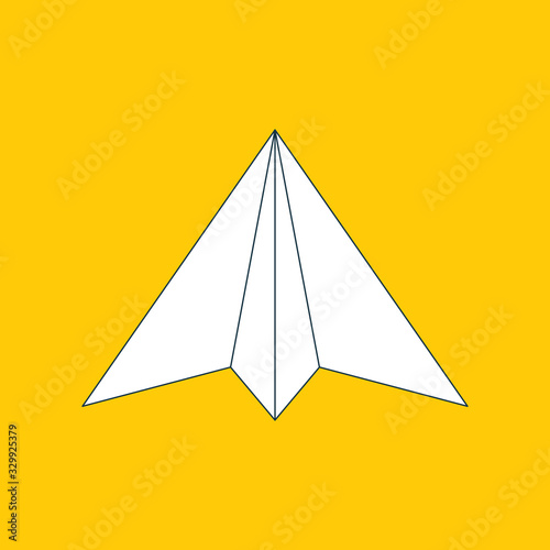 Paper plane flat linear icon isolated on yellow background. Contour symbol of a papercraft origami airplane. Vector line eps8 illustration.
