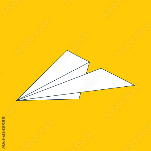 Paper plane flat linear icon isolated on yellow background. Contour symbol of a papercraft origami airplane. Vector line eps8 illustration.