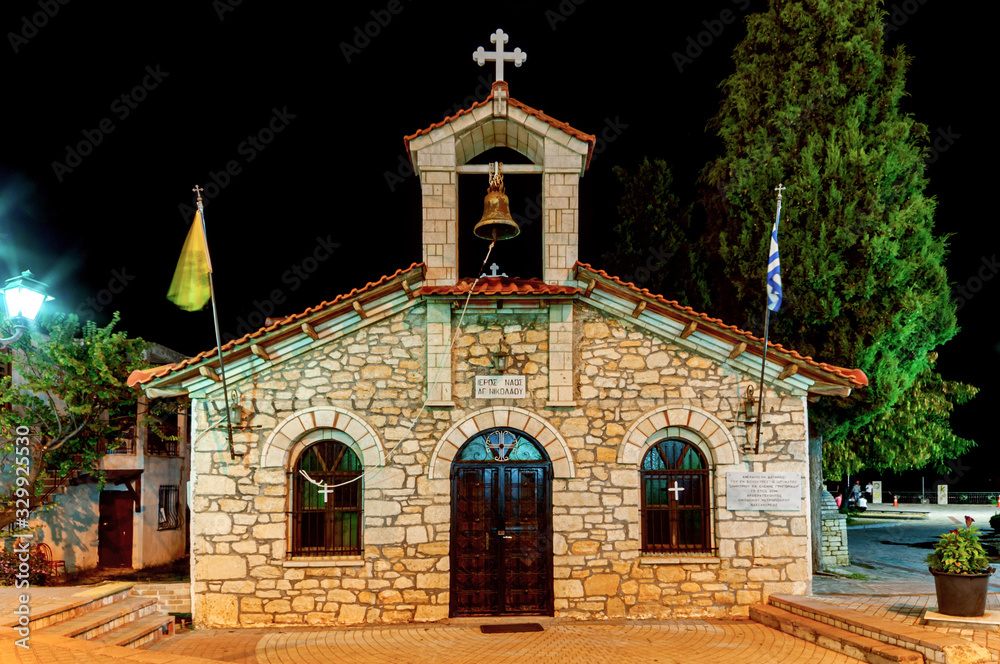 Kallithea, Greece - September 05,2019: Saint Nicholas Orthodox Church in Kallithea, Halkidiki by night.