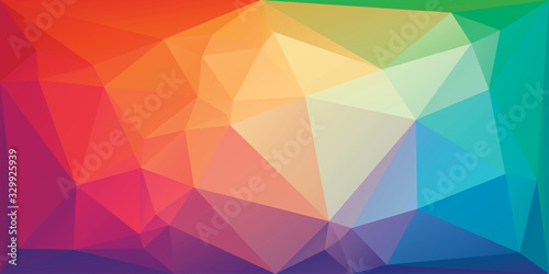 Low poly background with irregular triangles in rainbow colors. Bright colorful polygonal banner template. Multicolor triangular backdrop in origami style. Vector eps8 illustration.