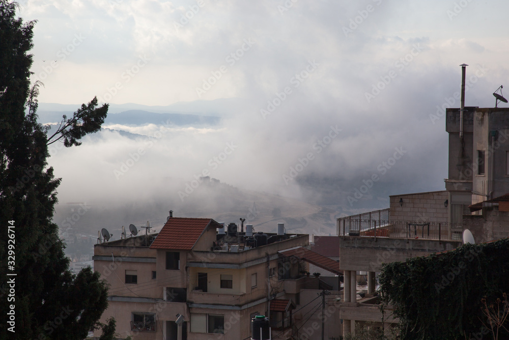 Nazareth on a rainy morning with low clouds