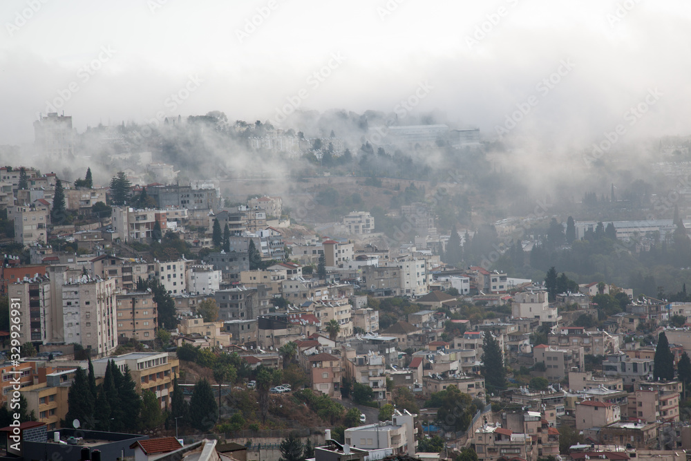 Nazareth on a rainy morning with low clouds