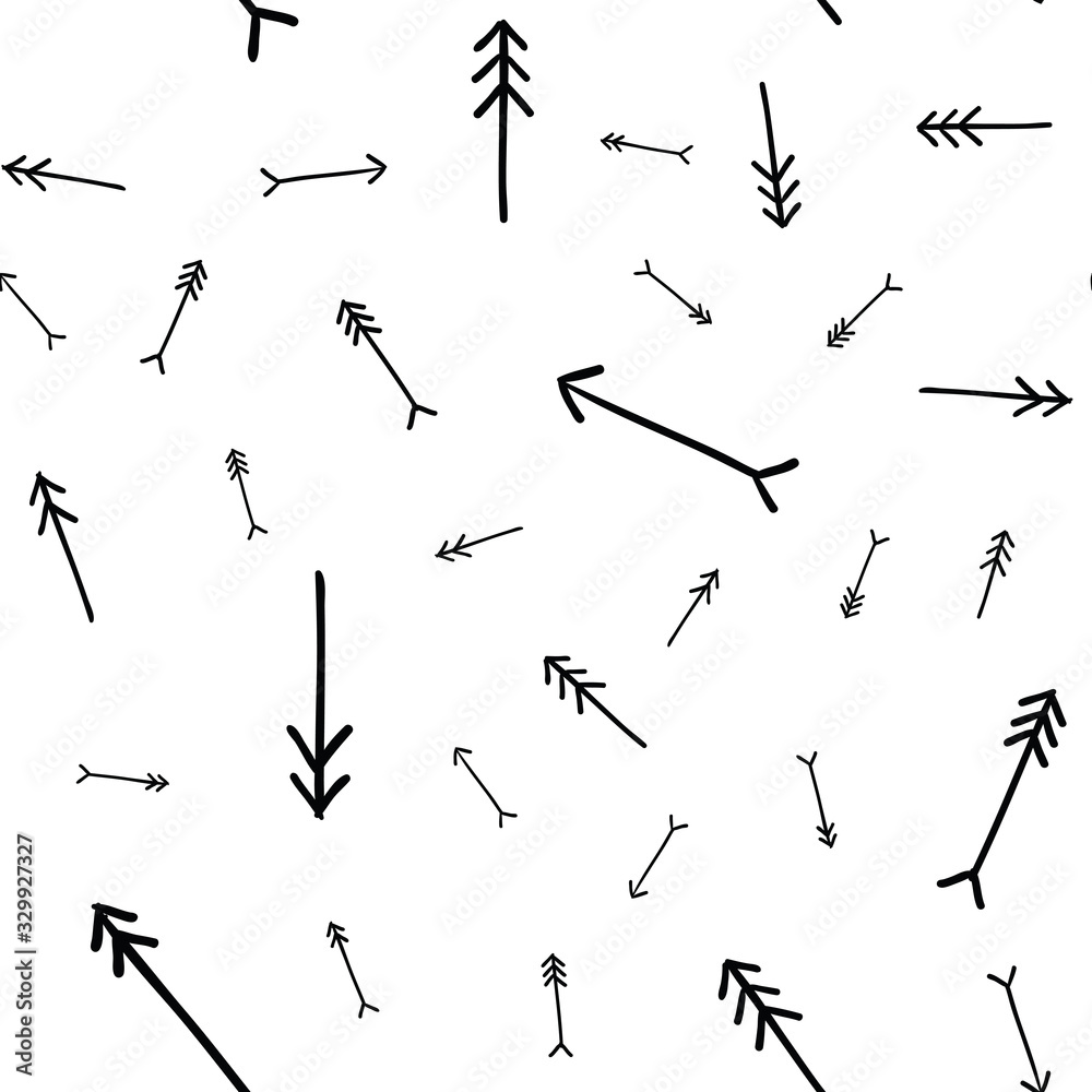 Hand drawn straight tribal arrows randomly placed on white background. Seamless pattern. Right, left, up and down abstract pointers with arrowheads wrapping texture. Vector eps8 illustration.