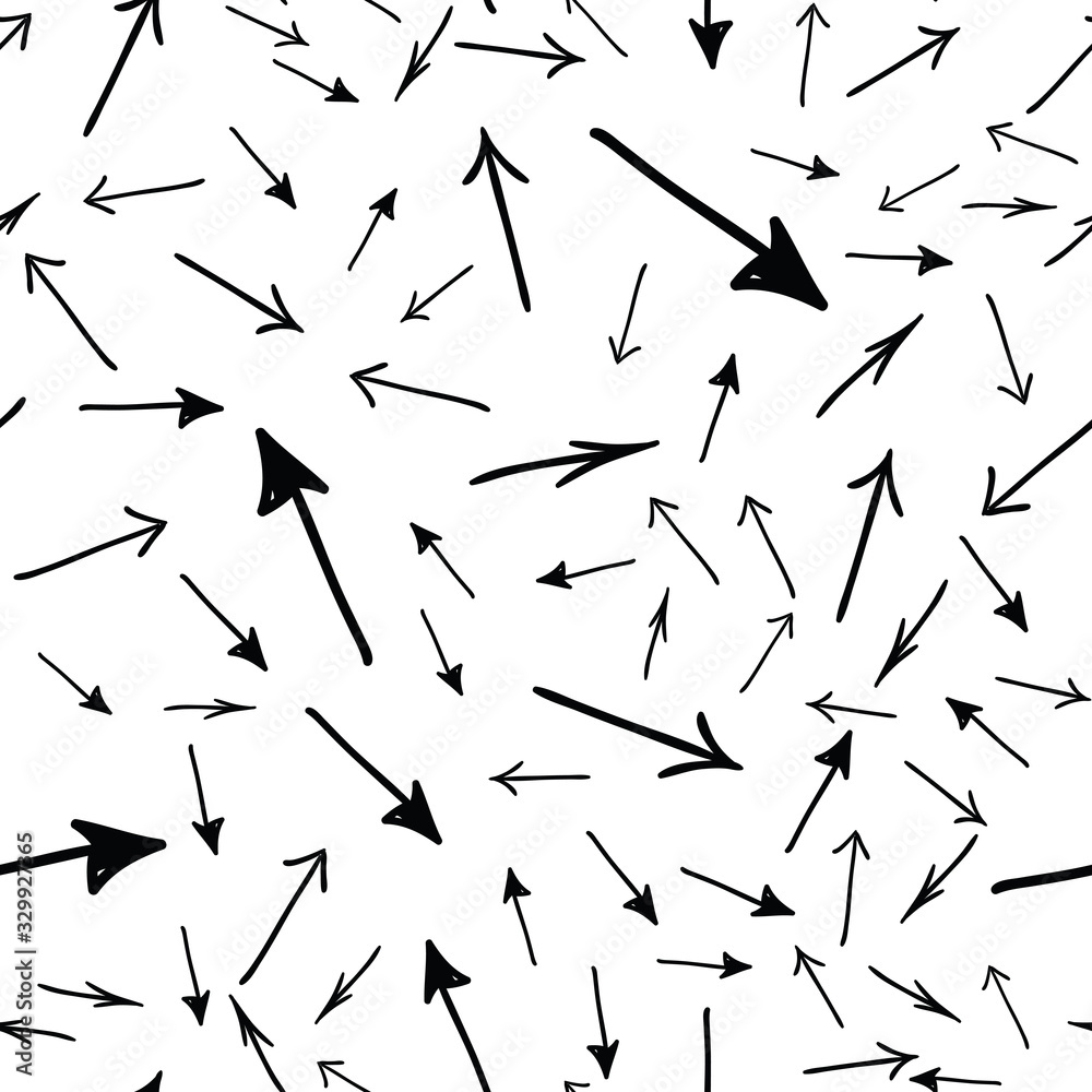 Hand drawn straight tribal arrows randomly placed on white background. Seamless pattern. Right, left, up and down abstract pointers with arrowheads wrapping texture. Vector eps8 illustration.