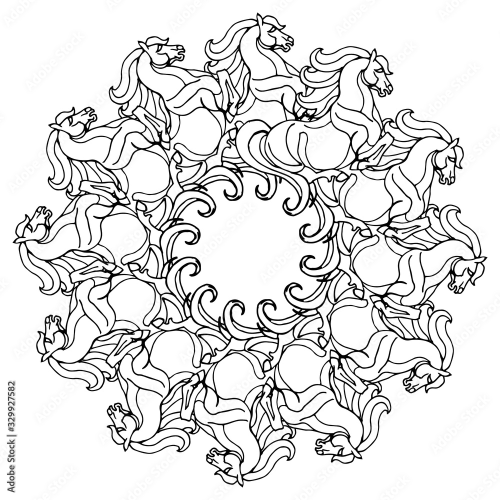 abstract pattern, mandala of stylized galloping horses, monochrome image on a white background