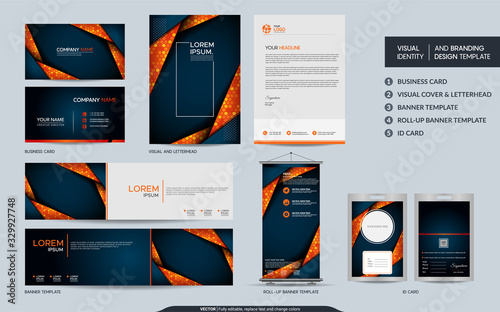 Modern navy orange stationery mock up and visual brand identity set.