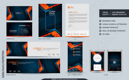 Modern navy orange stationery mock up and visual brand identity set.