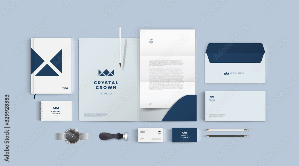 Stationery design mock up set for corporate identity or branding. Dark blue color style and grey background. Realistic top view corporate style set.