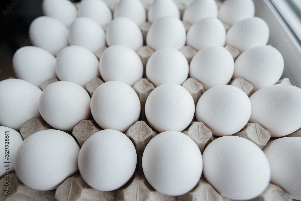 Tray of white fresh eggs close-up on a cardboard form. Agricultural industry Tray of white fresh eggs close-up on a cardboard form. Agricultural industry